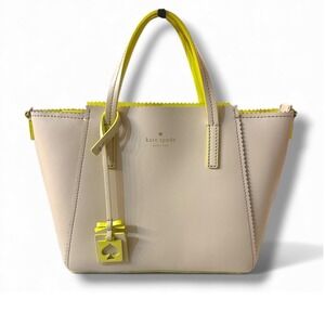 Kate Spade New York Beige Tote Bag Neon Yellow Trim Leather